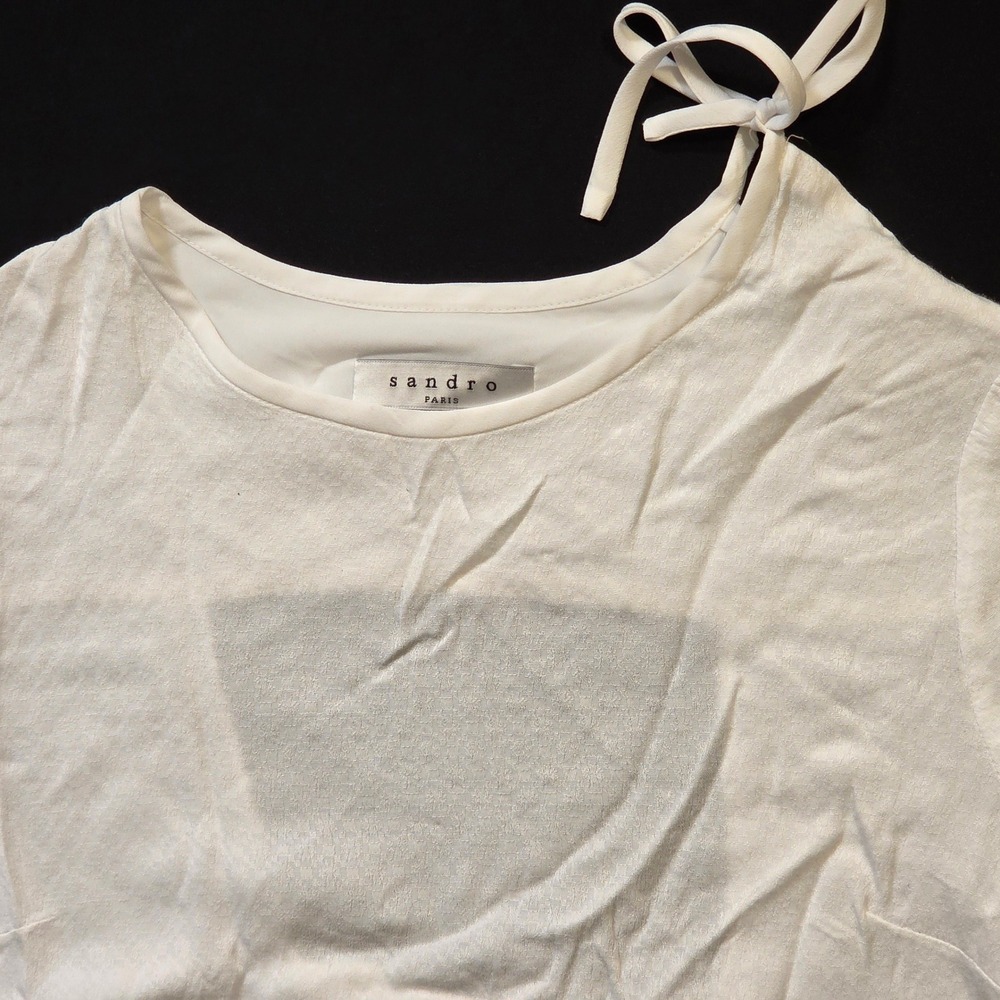 Sandro Paris Womens White Textured Open Back Tie Detail Long Sleeve Top Size 1 - Picture 2 of 11
